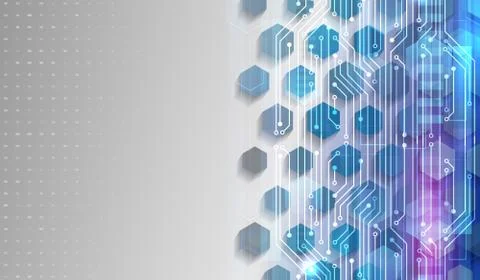 Futuristic blue background with hexagons and circuit board. Modern hi-tech ve Stock Illustration