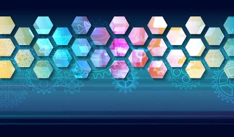 Futuristic blue background with hexagons and cogwheels. Modern hi-tech illust Stock Illustration