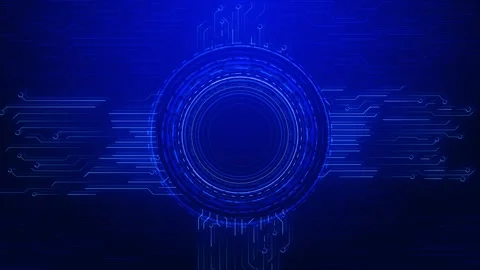 Futuristic blue circuit circle interface bright center core, electronic paths, a Stock Footage 340548419