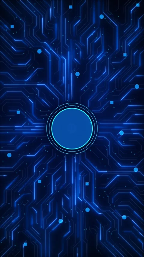 Futuristic blue circuit interface bright electric pathways, central round hub, c Stock Footage 340456314