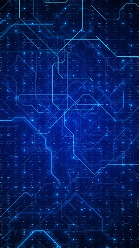 Futuristic blue circuit network glowing paths, dotted grid, electronic nodes, an Stock Footage 340477885