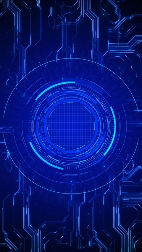 Futuristic Blue circular HUD tech background glowing rings, circuit paths, grid Stock Footage 333982431