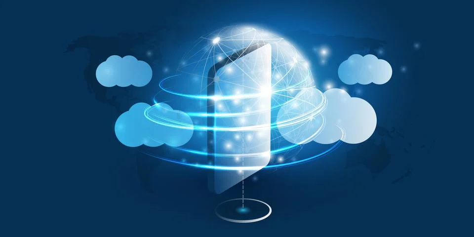 Futuristic Blue Cloud Computing, Mobile Networks, Telecommunications Concep.. Illustrazione stock