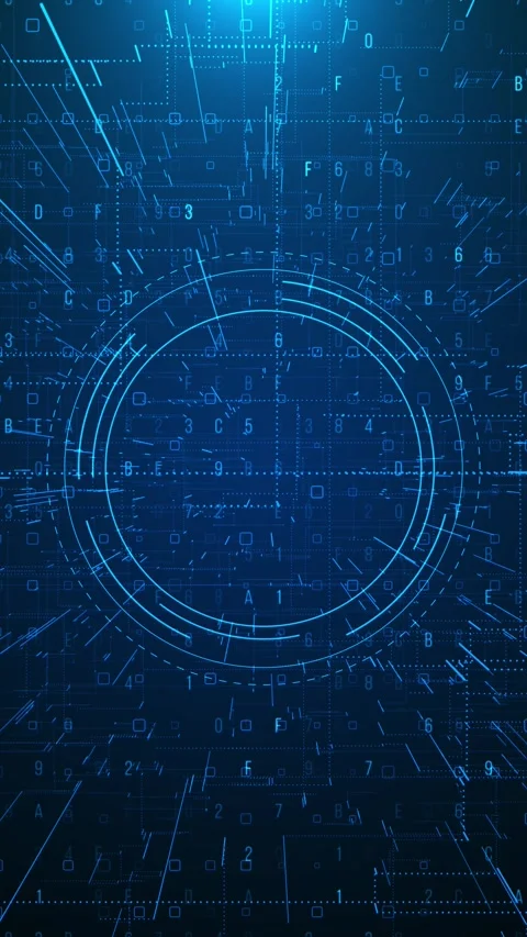 Futuristic blue code background with glowing circular interface, floating Stock Footage 333859022