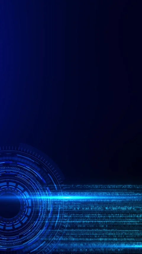 Futuristic blue code interface glowing HUD circle, binary rows, scanner beam, em Stock Footage 340399596
