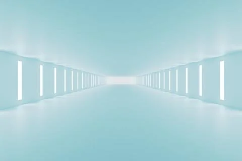 Futuristic blue corridor with glowing wall light panels view Illustrazione stock