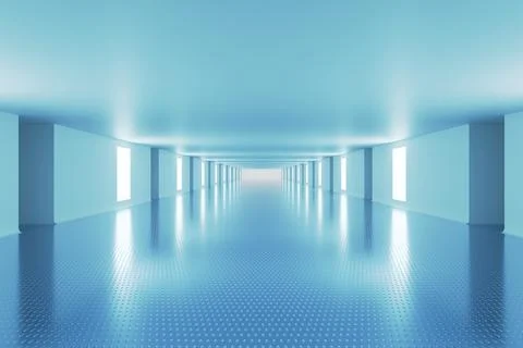 Futuristic blue corridor with glowing wall light panels view Illustrazione stock