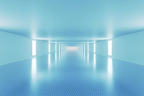 Futuristic blue corridor with glowing wall light panels view Illustrazione stock