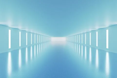 Futuristic blue corridor with glowing wall light panels view Illustrazione stock