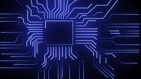 Futuristic Blue CPU Processor with Neon Circuit Board Digital Technology Stock Footage 340306099