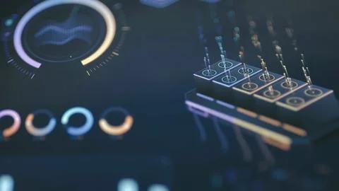 Futuristic blue dashboard displays an array of connected processing modules Stock Photos