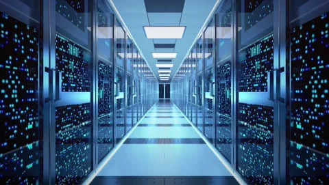 Futuristic blue data center server room aisle Stock Footage 345641759