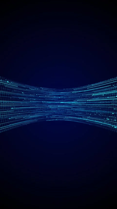 Futuristic blue data corridor curved cyan mesh walls, bright moving traces, digi Stock Footage 340452480