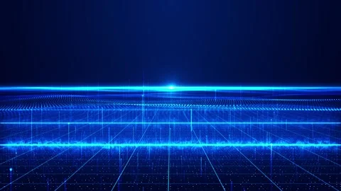 Futuristic blue data floor visual bright horizontal glow, dotted grid surface, a Stock Footage 340479264