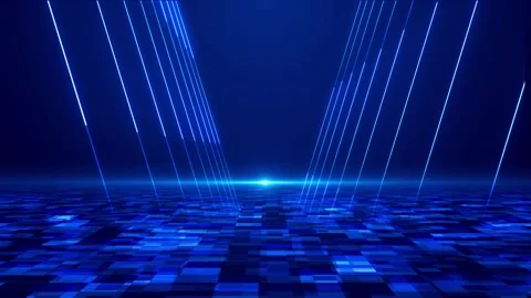 Futuristic blue data floor visual glowing vertical beams, pixel tiles, central l Stock Footage 340479596