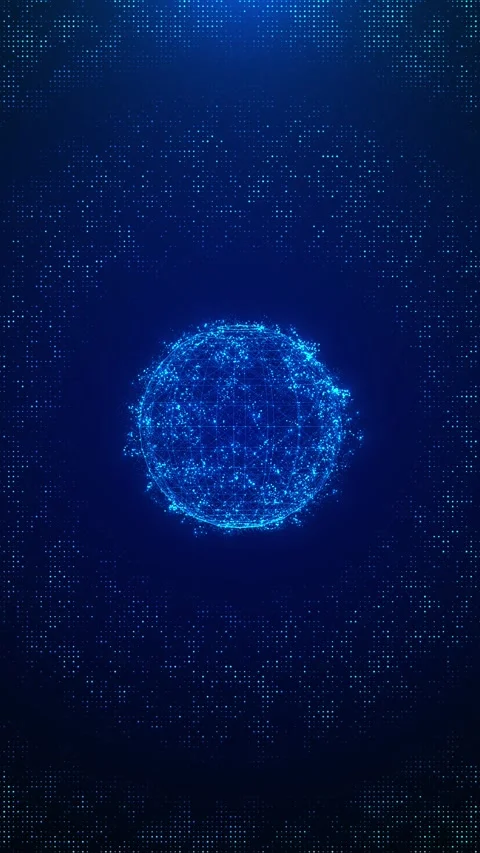 Futuristic blue data globe particle network mesh, dotted world pattern, and dark Stock Footage 340413188