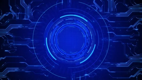 Futuristic blue data interface circular HUD rings, glowing circuit lines Stock Footage 334129462