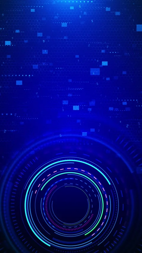 Futuristic blue data interface circular HUD rings, grid texture, square blocks, Stock Footage 340400416