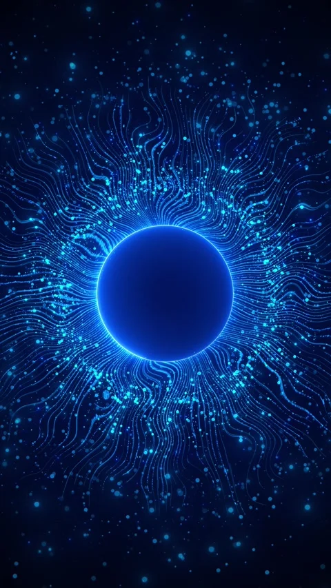Futuristic blue data orb visual cyan filaments, moving dot streams, energetic ci Stock Footage 340469811