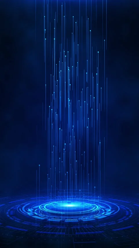 Futuristic blue data platform glowing circular rings, vertical particle beams Stock Footage 333858473