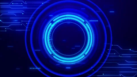 Futuristic blue data ring visual bright circular gauge details, neon circuit pat Stock Footage 340567732