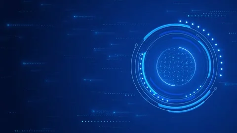 Futuristic blue data ring visual circular HUD elements, glowing dots, and wide e Stock Footage 340577497