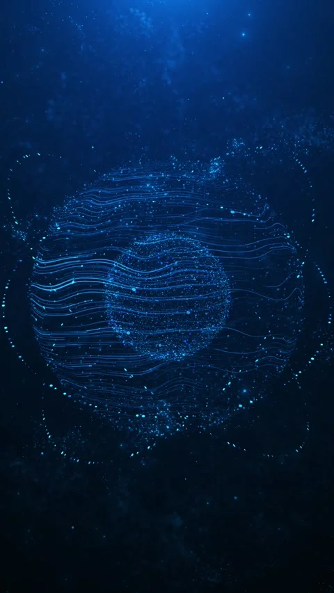 Futuristic blue data sphere flowing line mesh, floating particles, circular orbi Stock Footage 340457424