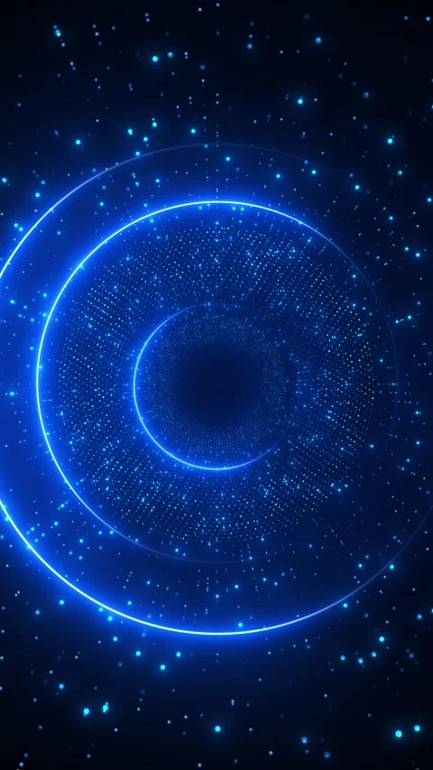 Futuristic blue data vortex bright circular rings, glowing particle field, and d Stock Footage 340477523