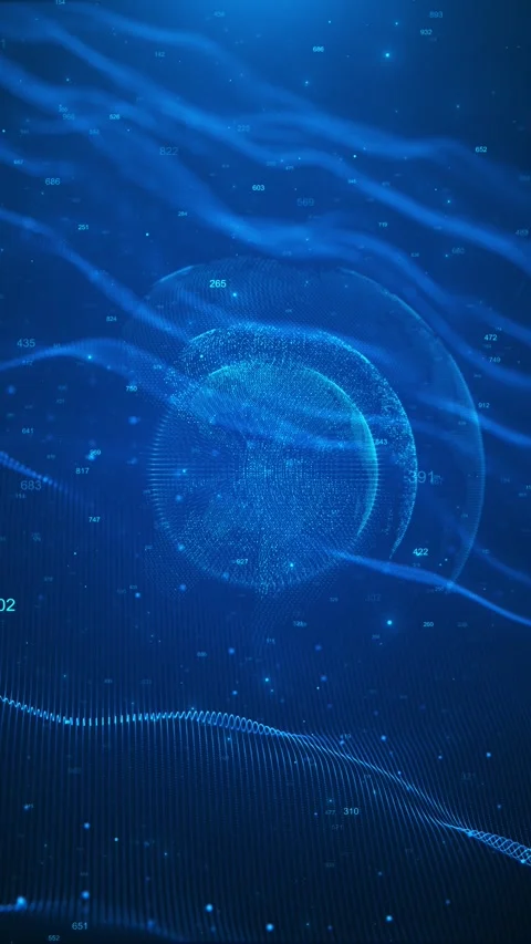 Futuristic blue data wave orb particle mesh, floating numeric details, digital d Stock Footage 340453925