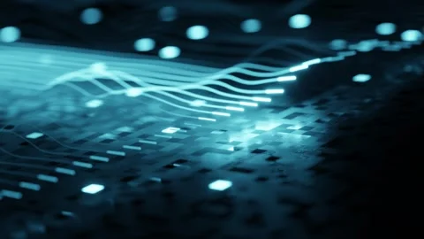Futuristic Blue Data Waves Flowing Across a Digital Circuit Landscape 스톡 동영상 330786121