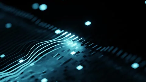 Futuristic Blue Data Waves Flowing Across a Digital Circuit Landscape 스톡 동영상 330786827