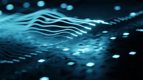 Futuristic Blue Data Waves Flowing Across a Digital Circuit Landscape 库存插图