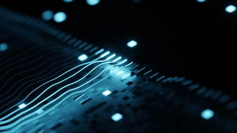 Futuristic Blue Data Waves Flowing Across a Digital Circuit Landscape 库存插图