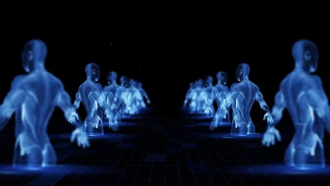 Futuristic Blue Digital Avatars Aligned in a Virtual Network Matrix in the Da Stock Footage 339052507