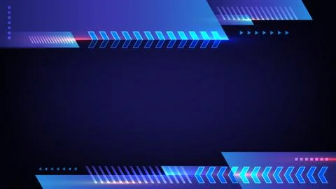 Futuristic blue digital background with neon arrows and geometric tech elem.. Stock Illustration