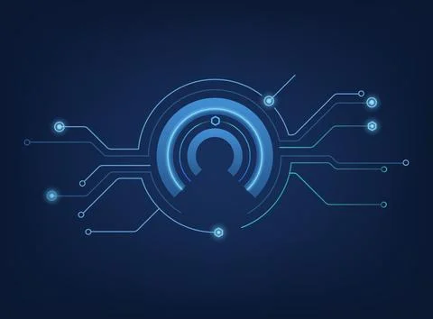 Futuristic blue digital circuit background glowing central circular HUD int.. Stockillustratie