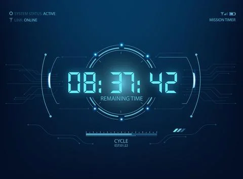 Futuristic blue digital countdown timer HUD interface with glowing neon num.. 库存插图