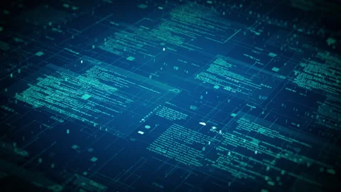 Futuristic blue digital data flow background with interconnected grids, Stock Footage 307804090