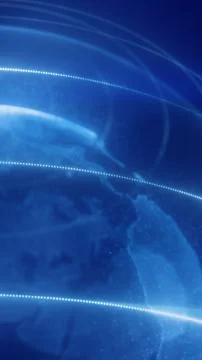 Futuristic blue digital globe with dotted light lines and glowing orbital con Stock Illustration