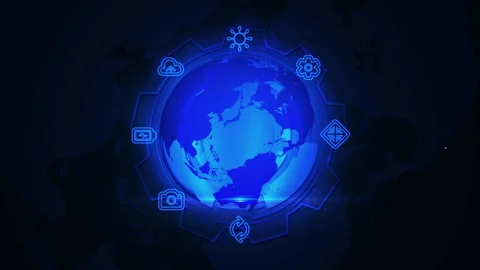 Futuristic Blue Digital Globe with Tech Icons in Night Sky Theme Vídeos de archivo 339114188