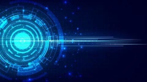 Futuristic blue digital hud interface with concentric circles and light str.. Illustration