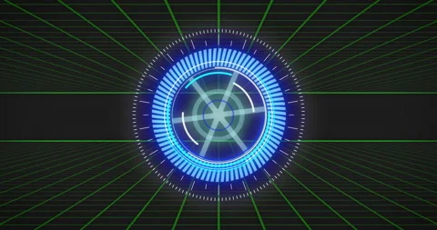 Futuristic blue digital interface animation with rotating elements over grid Stock Footage 306635959
