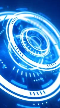 Futuristic blue digital interface composed of rotating circular elements, g.. Stock Photos