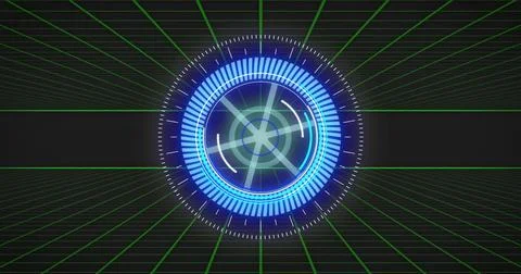 Futuristic blue digital interface image with rotating elements over grid Stock Photos