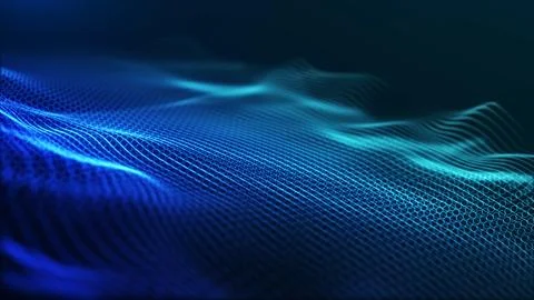 Futuristic blue digital mesh wave with glowing grid lines, data flow textur.. Illustrazione stock