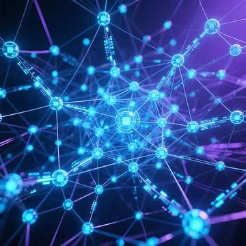 Futuristic Blue Digital Network with Glowing Connected Nodes Illustrazione stock