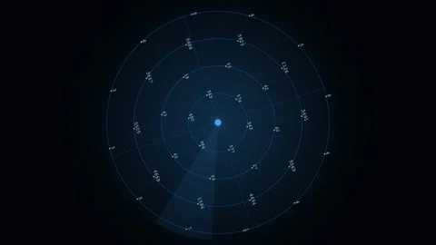Futuristic Blue Digital Radar Interface with Rotating Scanner and Data Points Stock Footage 344775860