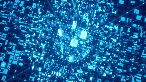 Futuristic Blue Digital Smart City Wireframe Skyscrapers Network Vidéo 344239776