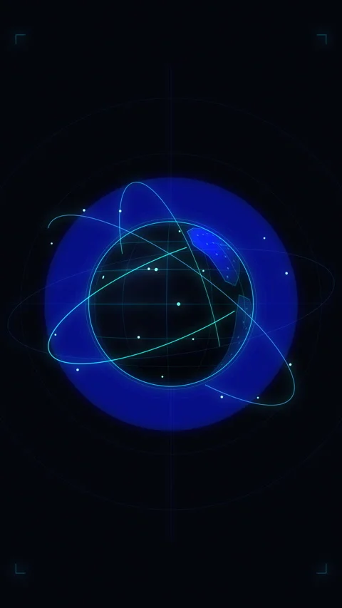 Futuristic blue digital sphere glowing with cyber tech orbital lines Stock Footage 347566676