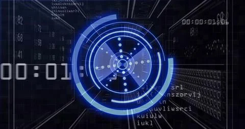 Futuristic blue digital target image over complex data and coding background Stock-Illustration